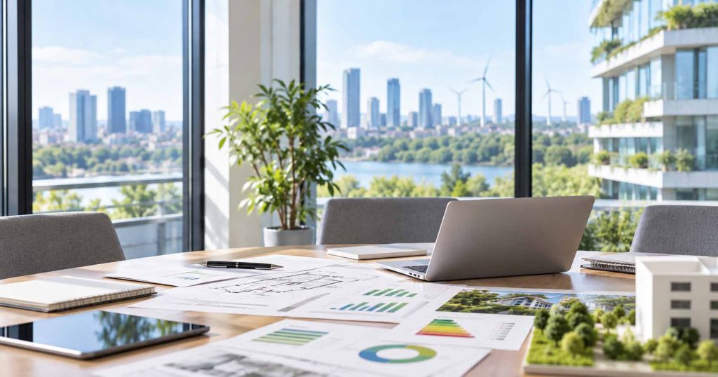 Mesa de trabajo con documentación técnica sobre eficiencia energética, un ordenador portátil y una maqueta de edificio sostenible.